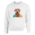 White cotton-blend sweatshirt featuring a vibrant pop-art dog wearing yellow glasses and a scarf.
