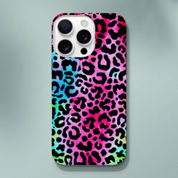 Vibrant rainbow leopard print tough iPhone case offering bold animal print style and drop protection for iPhone 13 through 16 models.