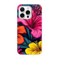 Colourful tropical hibiscus iPhone case for 13-16 with pink, orange and yellow blooms on teal background