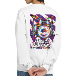 White sweatshirt back print featuring a colorful retro drum kit graphic with palm tree bass drum and "Made to Make Noise" text.