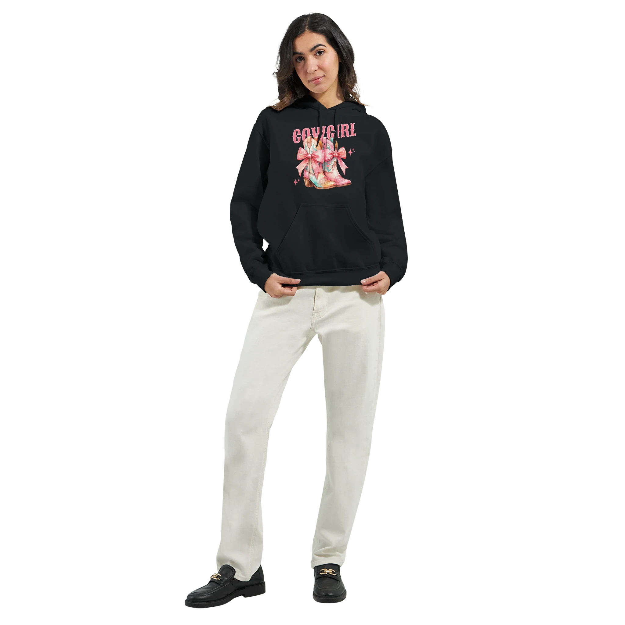 Woman wearing black 50/50 cotton-poly Cowgirl hoodie with pastel graphic and front pocket.