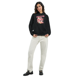 Woman wearing black 50/50 cotton-poly Cowgirl hoodie with pastel graphic and front pocket.