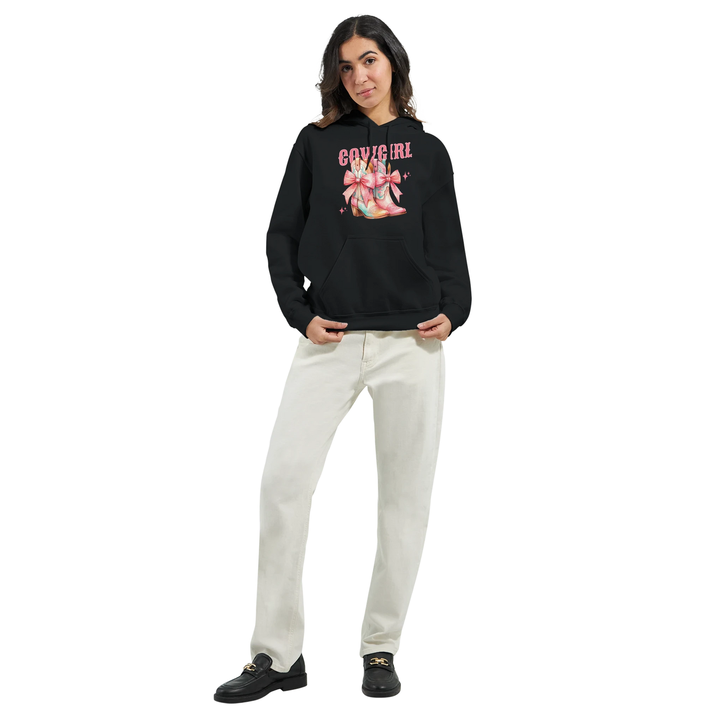 Woman wearing black 50/50 cotton-poly Cowgirl hoodie with pastel graphic and front pocket.
