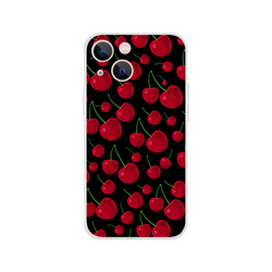 Red cherry iPhone case with retro black fruit pattern. Slim matte finish TPU cover for shock absorption and streetwear style.