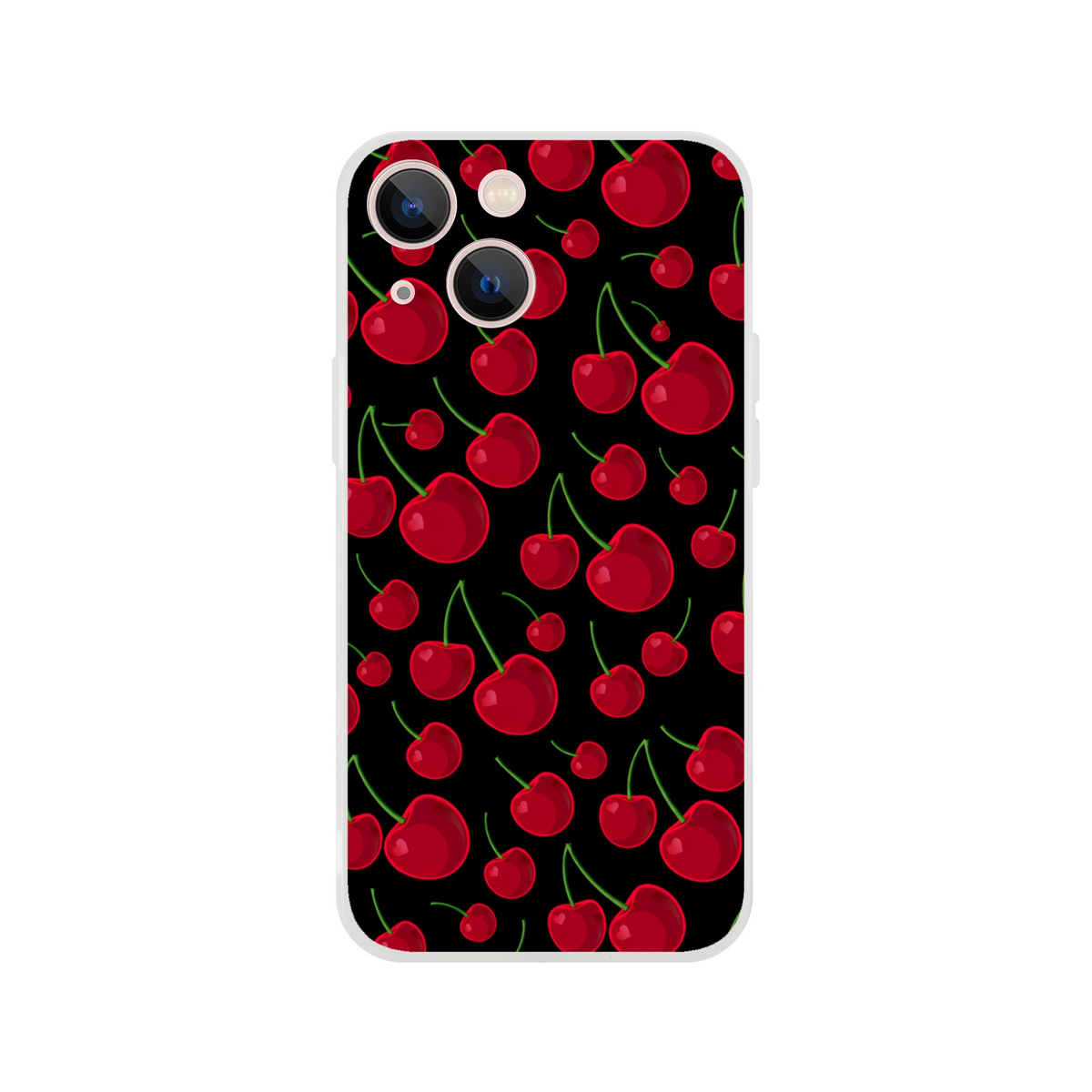 Red cherry iPhone case with retro black fruit pattern. Slim matte finish TPU cover for shock absorption and streetwear style.