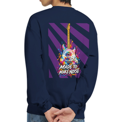 Navy blue men's sweatshirt featuring a colorful retro electric guitar back print with purple stripes and "Made to Make Noise" graphic art.