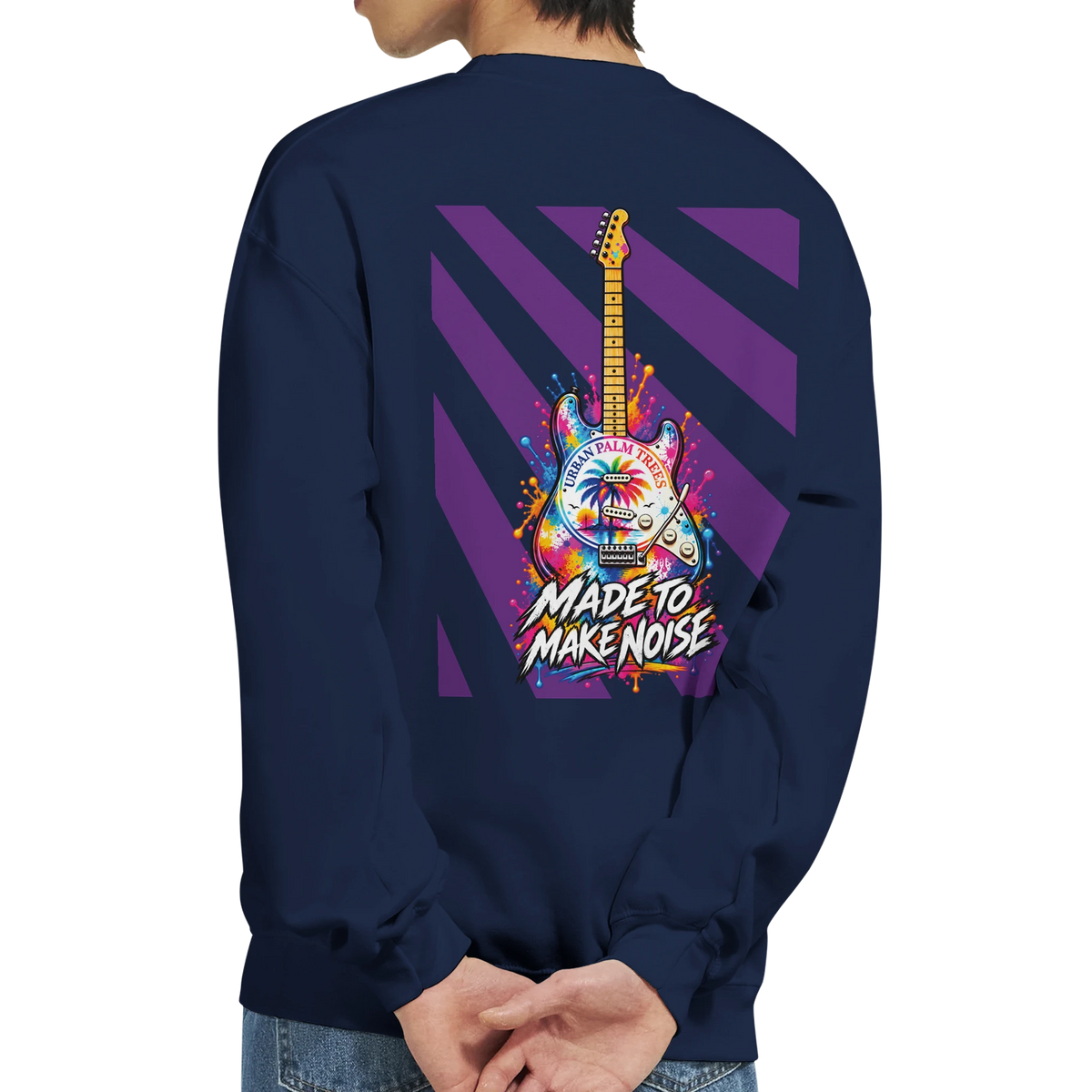 Navy blue men's sweatshirt featuring a colorful retro electric guitar back print with purple stripes and "Made to Make Noise" graphic art.
