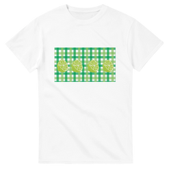 White women's tee with a green gingham panel and lime slices, citrus-inspired summer graphic.