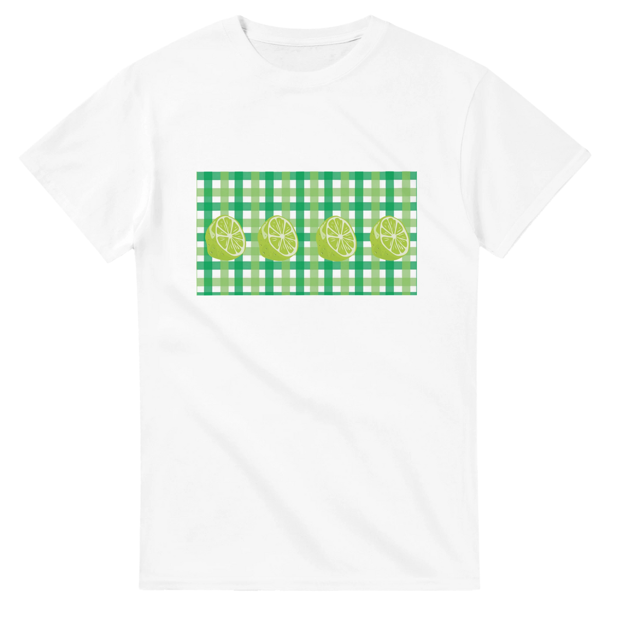 White women's tee with a green gingham panel and lime slices, citrus-inspired summer graphic.