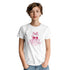 Woman wearing white cotton-blend T-shirt with pink cherry graphic and bow on front