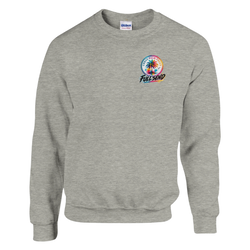 Grey sweatshirt featuring a colorful Urban Palm Trees Full Send palm tree graphic on the left chest.