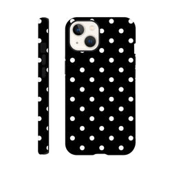 Tough black iPhone case with white polka dots. Vintage-inspired design featuring a shock-absorbing TPU core and durable dual-layer protection.