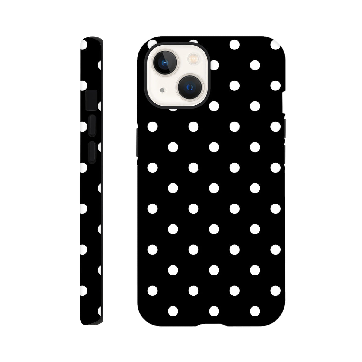 Tough black iPhone case with white polka dots. Vintage-inspired design featuring a shock-absorbing TPU core and durable dual-layer protection.
