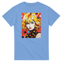Blue men's t-shirt featuring a vibrant 70s pop art girl graphic with blonde hair and psychedelic colorful dots.