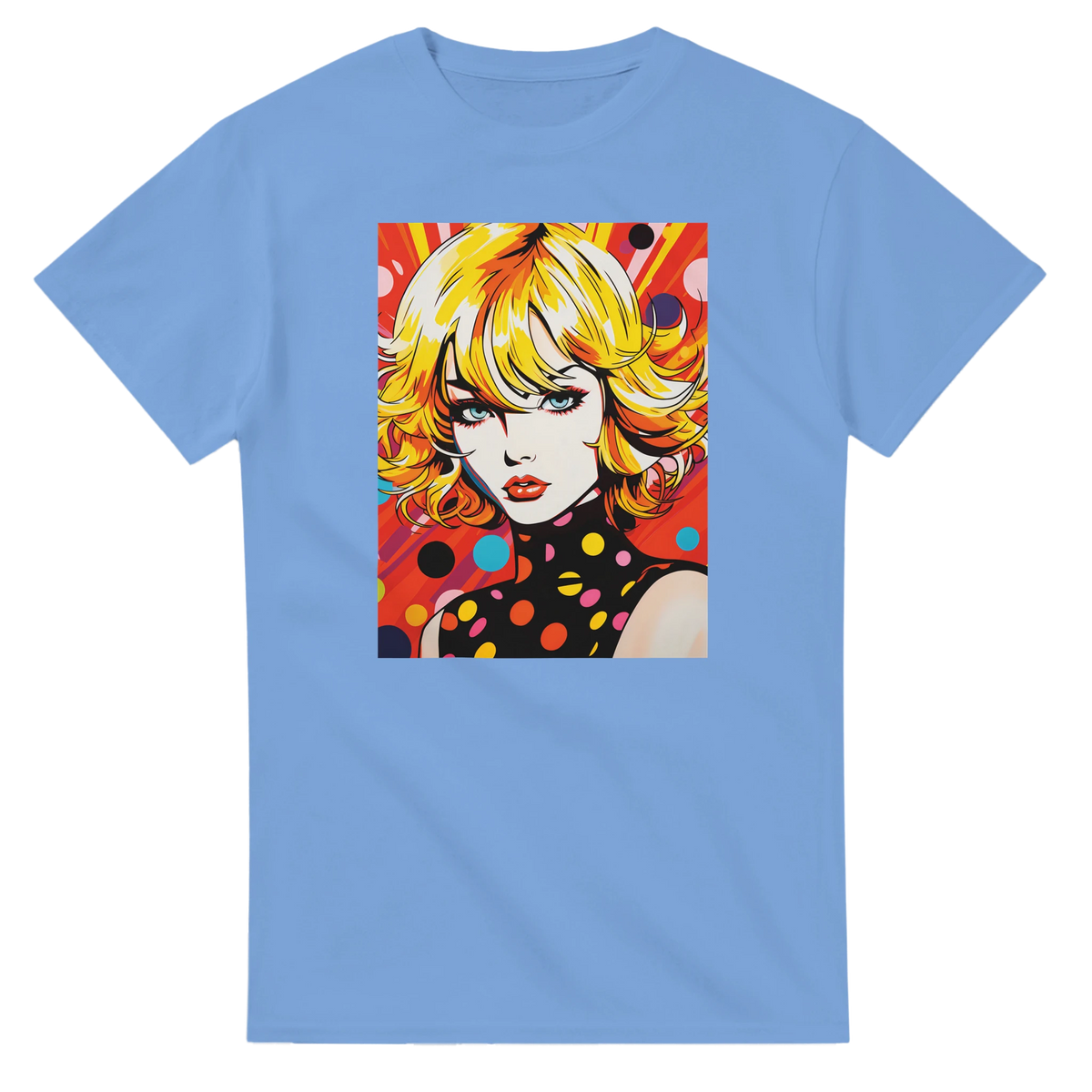 Blue men's t-shirt featuring a vibrant 70s pop art girl graphic with blonde hair and psychedelic colorful dots.