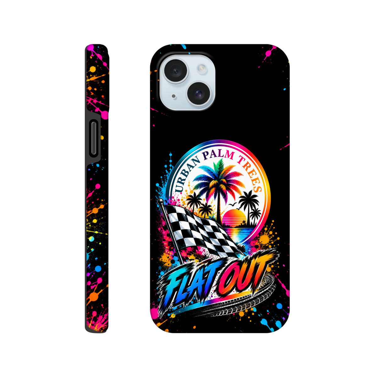 Flat Out petrolhead iPhone case with checkered flag, rainbow palm trees sunset, and colorful paint splatters on black.