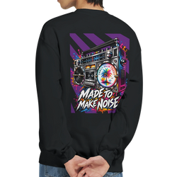 Black men's sweatshirt featuring a colorful retro boombox back print with "Made To Make Noise" text and palm tree graphic.