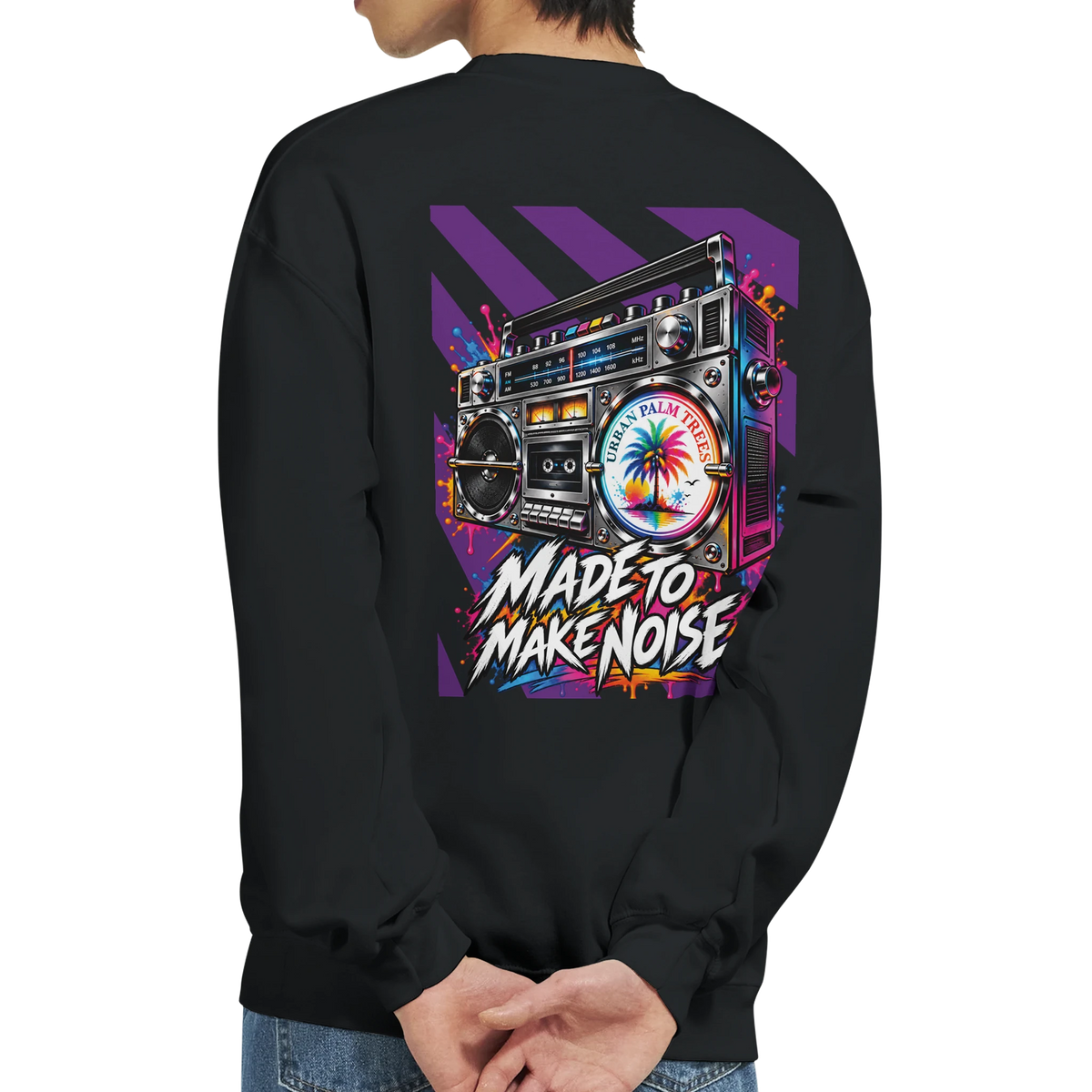 Black men's sweatshirt featuring a colorful retro boombox back print with "Made To Make Noise" text and palm tree graphic.