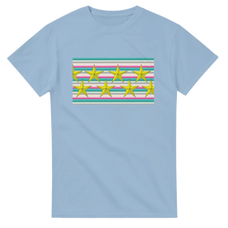 Pastel stripe panel with gold star graphic on a light-blue women's T-shirt.