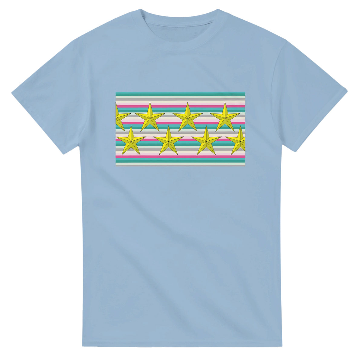 Pastel stripe panel with gold star graphic on a light-blue women's T-shirt.