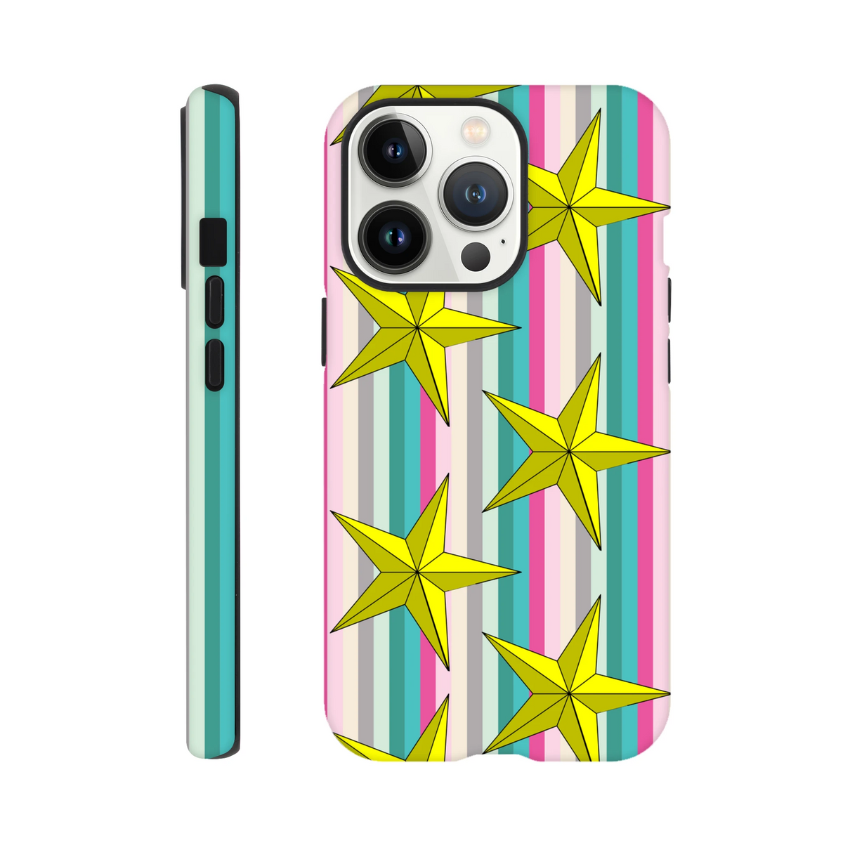 Retro iPhone case featuring yellow stars on pastel vertical stripes, offering tough shock-absorbing protection for daily commutes.