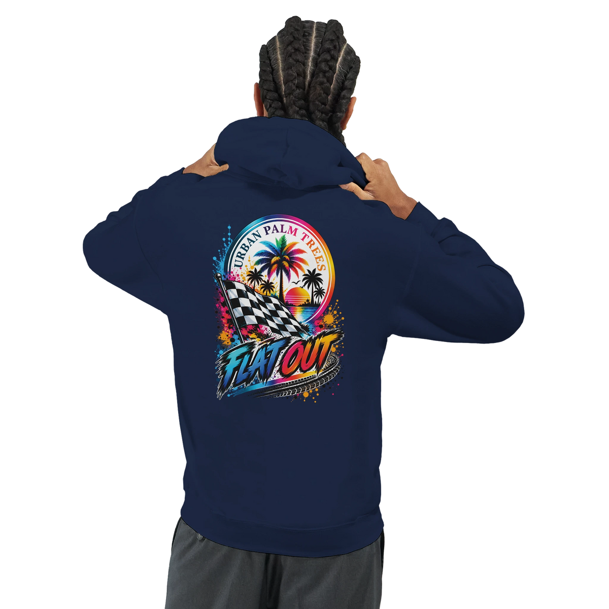 Navy men's hoodie with colorful "Flat Out" back print featuring checkered flag, palm trees, and sunset for modified car culture.