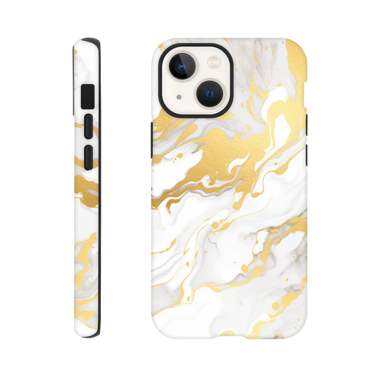 Luxury white and gold abstract marble iPhone case featuring a seamless wraparound pattern and gallery-grade finish for iPhone 13-16.