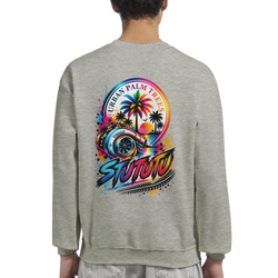 Grey crewneck sweatshirt back featuring vibrant turbocharger, palm trees, and sunset automotive graphic.