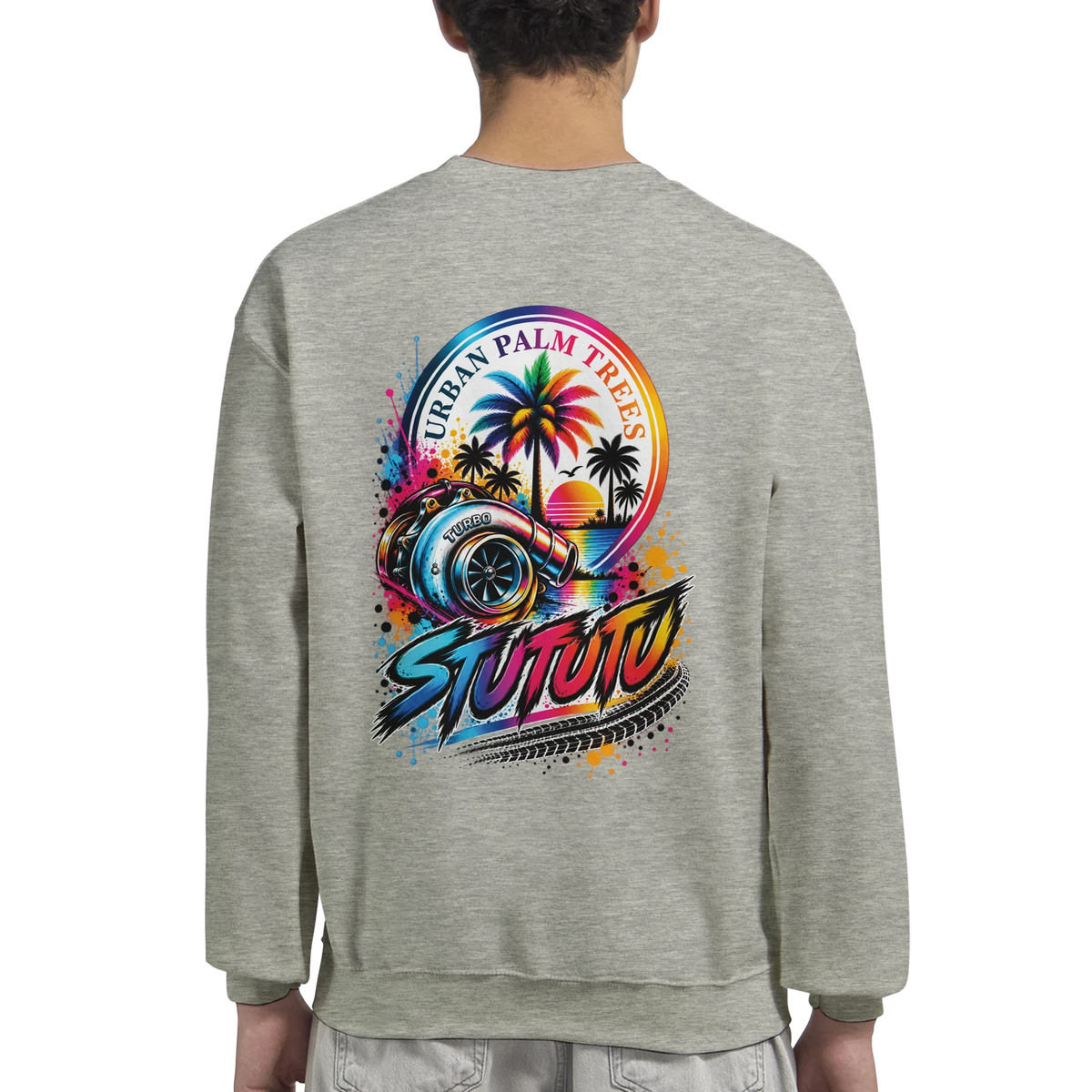 Grey crewneck sweatshirt back featuring vibrant turbocharger, palm trees, and sunset automotive graphic.