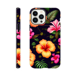 Tropical floral tough iPhone case featuring vibrant orange and pink hibiscus flowers with green palm leaves on a dark background.