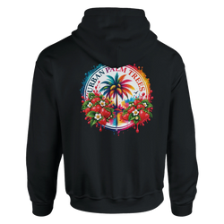Black hoodie back featuring a colorful retro graphic of a palm tree surrounded by strawberries and "Urban Palm Trees" text.