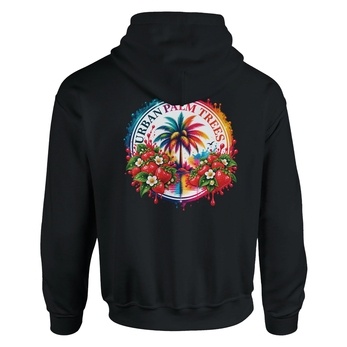 Black hoodie back featuring a colorful retro graphic of a palm tree surrounded by strawberries and "Urban Palm Trees" text.