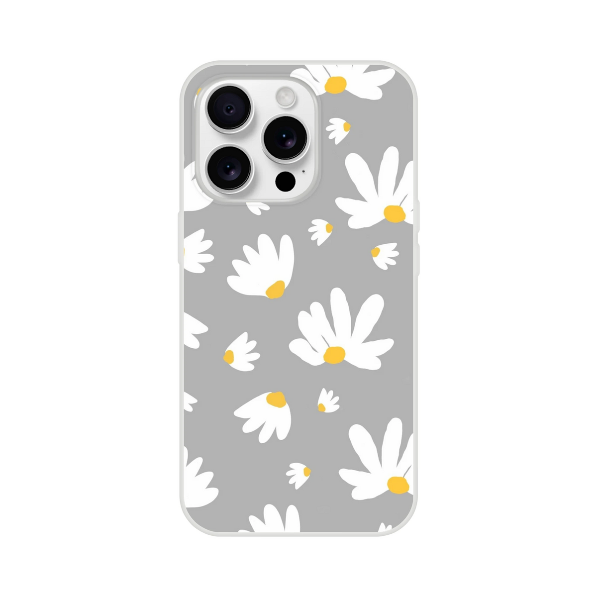 Ditsy Daisy iPhone Case for 13-16, slim, lightweight gray floral matte shell with white daisies and yellow centers.