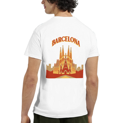 Barcelona Spain graphic tee featuring Sagrada Familia cityscape design on back