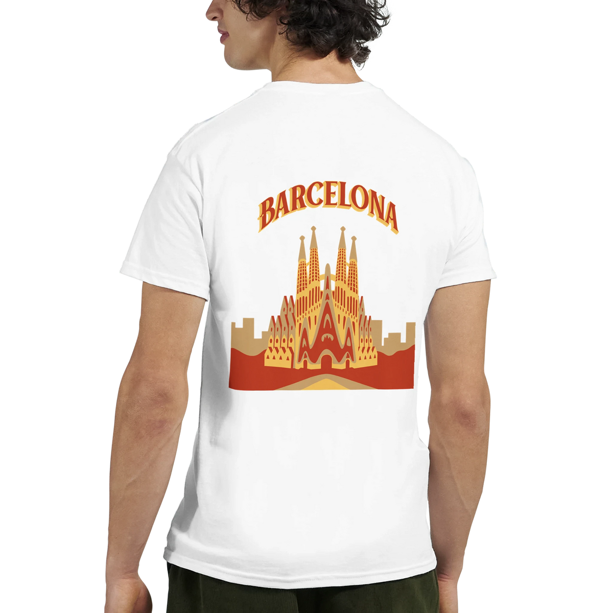 Barcelona Spain graphic tee featuring Sagrada Familia cityscape design on back