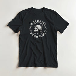 Black men's cotton-blend T-shirt with skull graphic and Ride or Die Motorcycle Club logo.