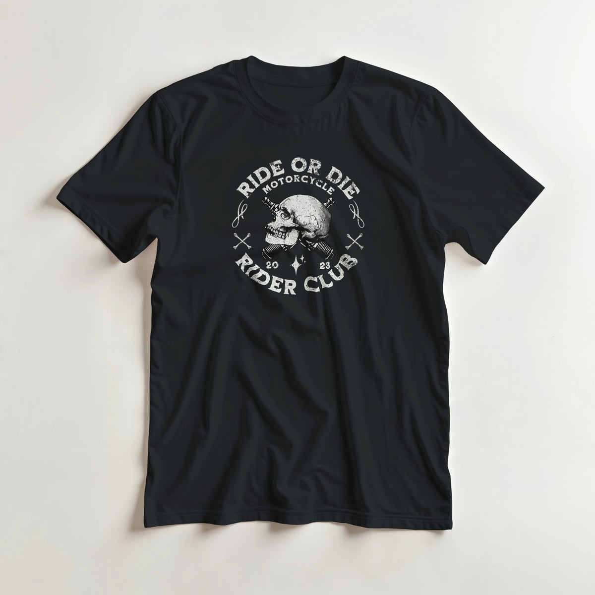 Black men's cotton-blend T-shirt with skull graphic and Ride or Die Motorcycle Club logo.