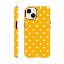 Orange and white polka dot tough iPhone case with shock-absorbing TPU shell for iPhone 13-16. Cute protective cover with precise port access.