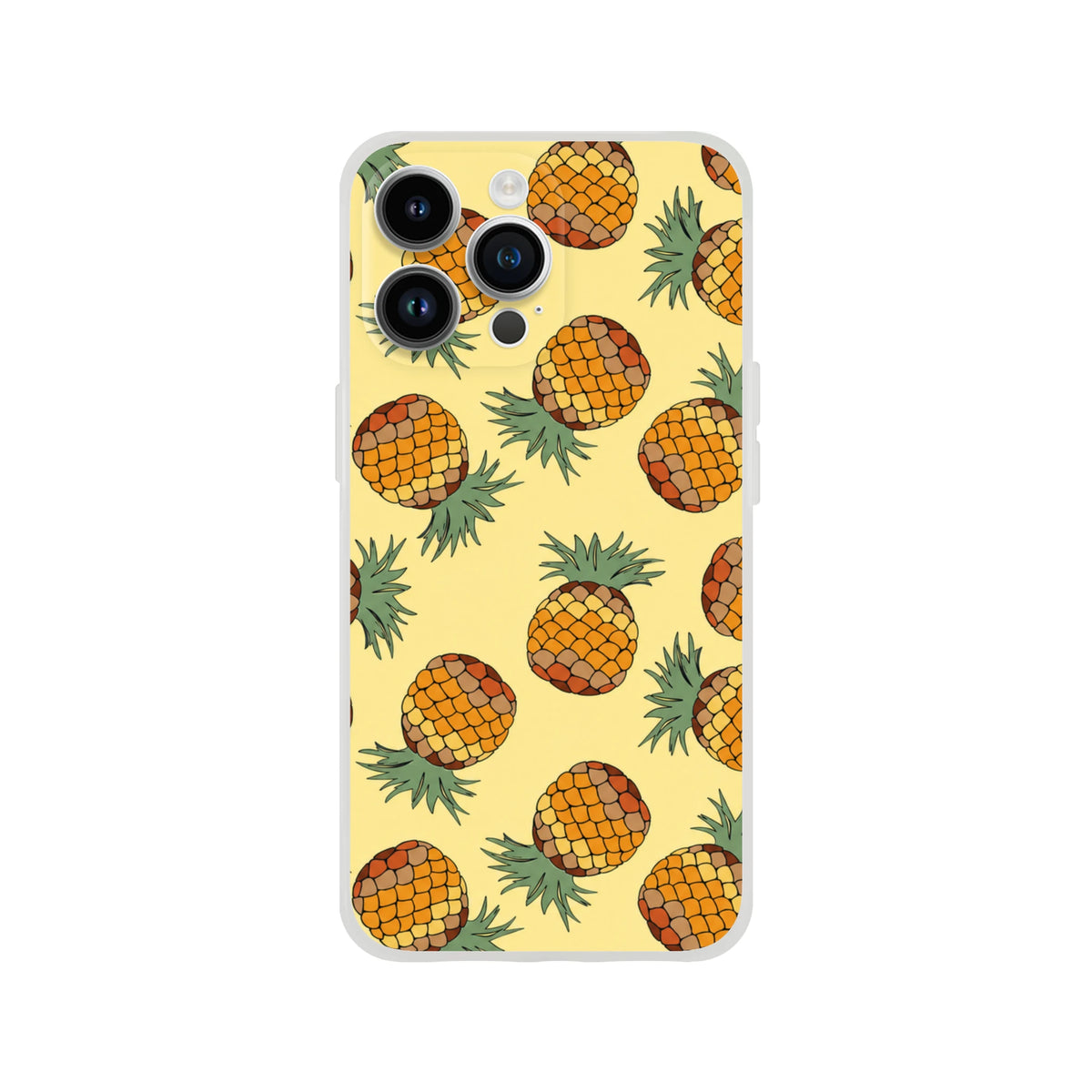 Pineapple pattern iPhone case (13-16) with vibrant tropical fruit print on yellow matte background