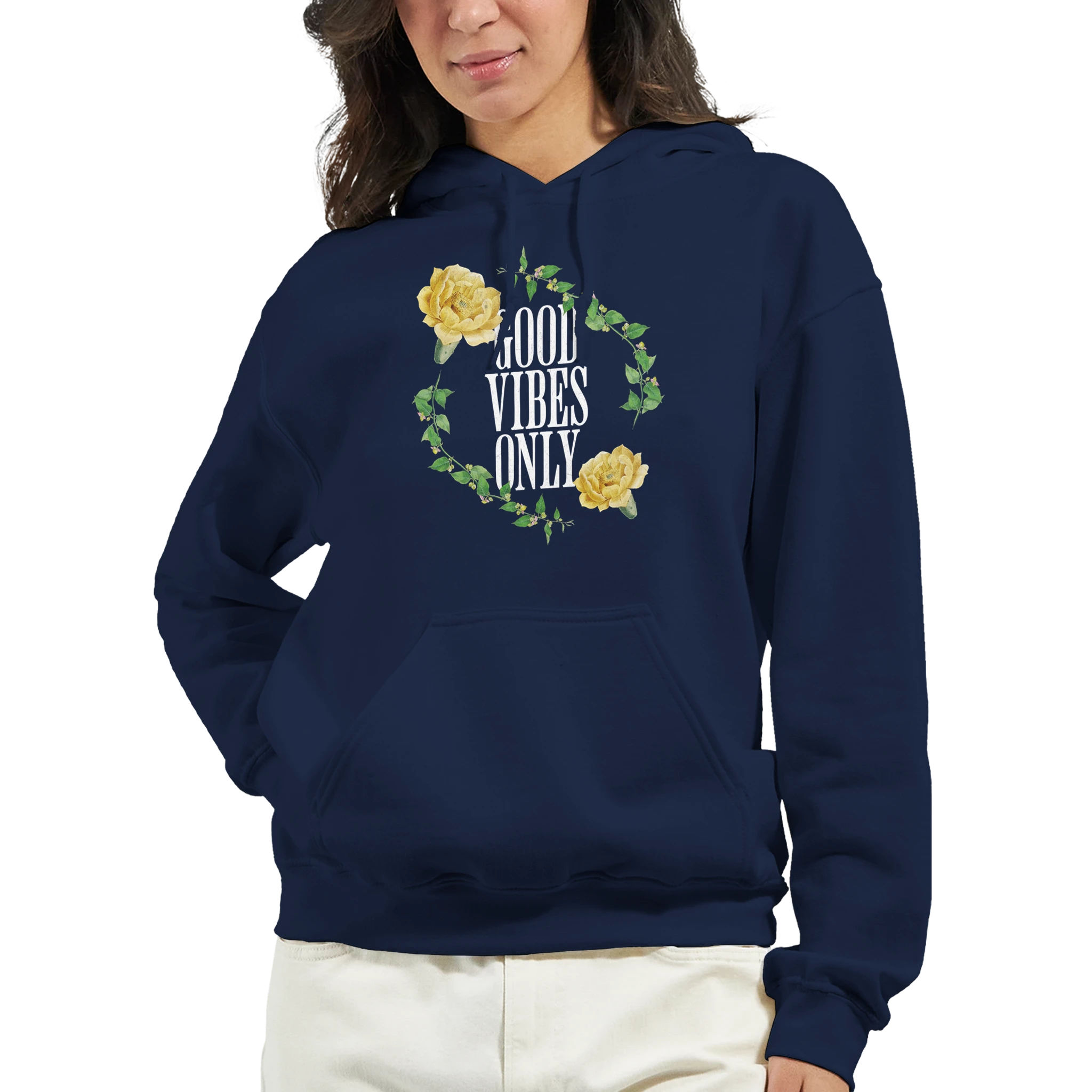 Navy women's hoodie with Good Vibes Only floral wreath graphic, 50/50 cotton-poly blend, front pouch pocket.