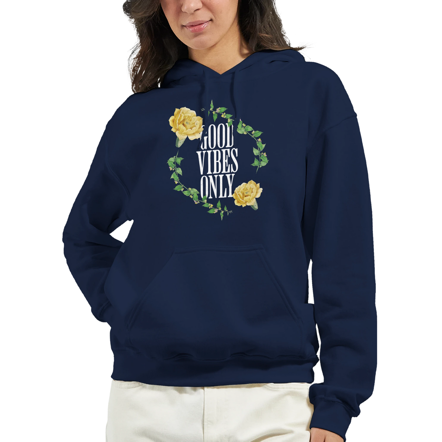 Navy women's hoodie with Good Vibes Only floral wreath graphic, 50/50 cotton-poly blend, front pouch pocket.