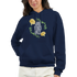 Navy women's hoodie with Good Vibes Only floral wreath graphic, 50/50 cotton-poly blend, front pouch pocket.