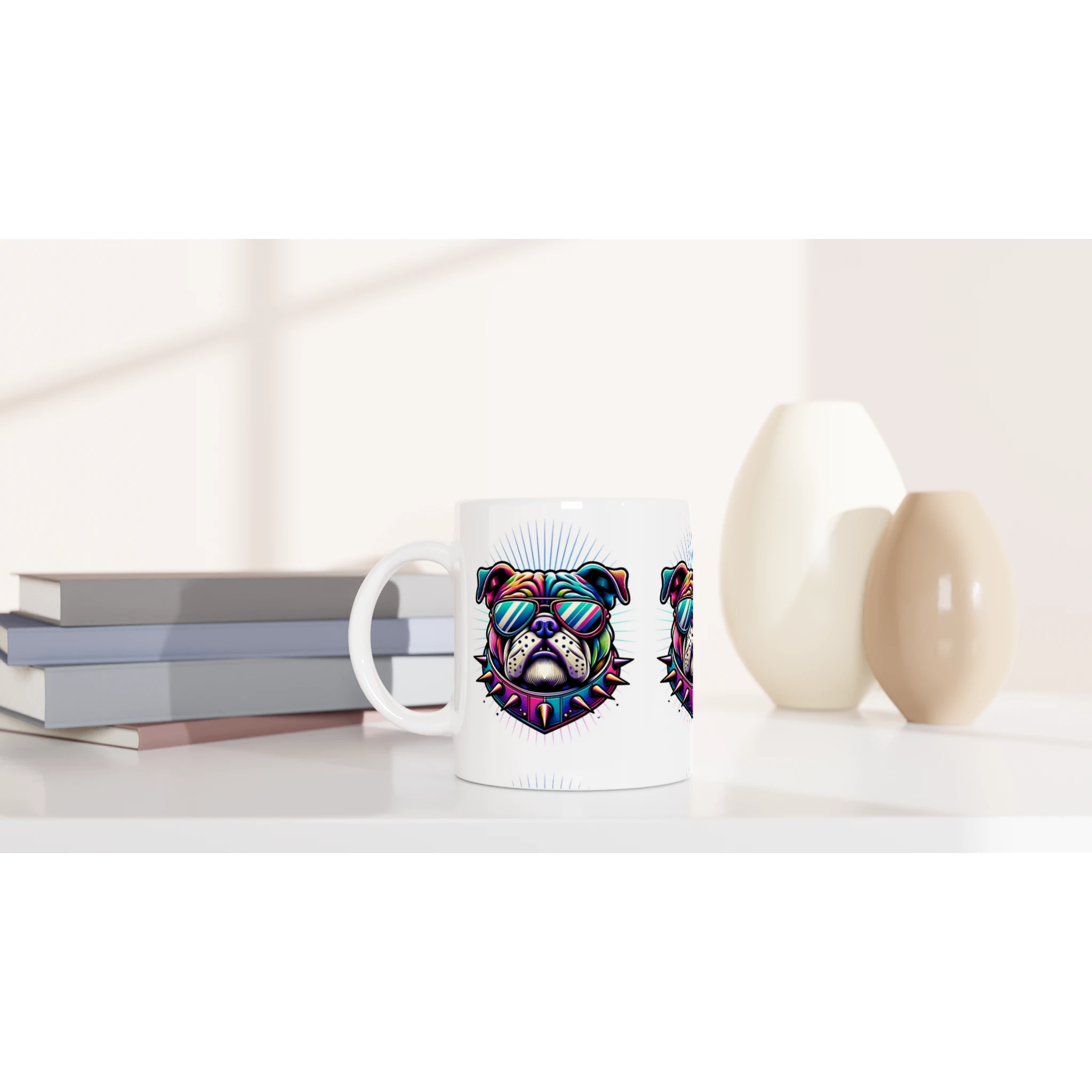 British Bulldog Mug Gift For Him: glossy white ceramic mug with vibrant bulldog wearing sunglasses on both sides.