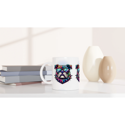 British Bulldog Mug Gift For Him: glossy white ceramic mug with vibrant bulldog wearing sunglasses on both sides.