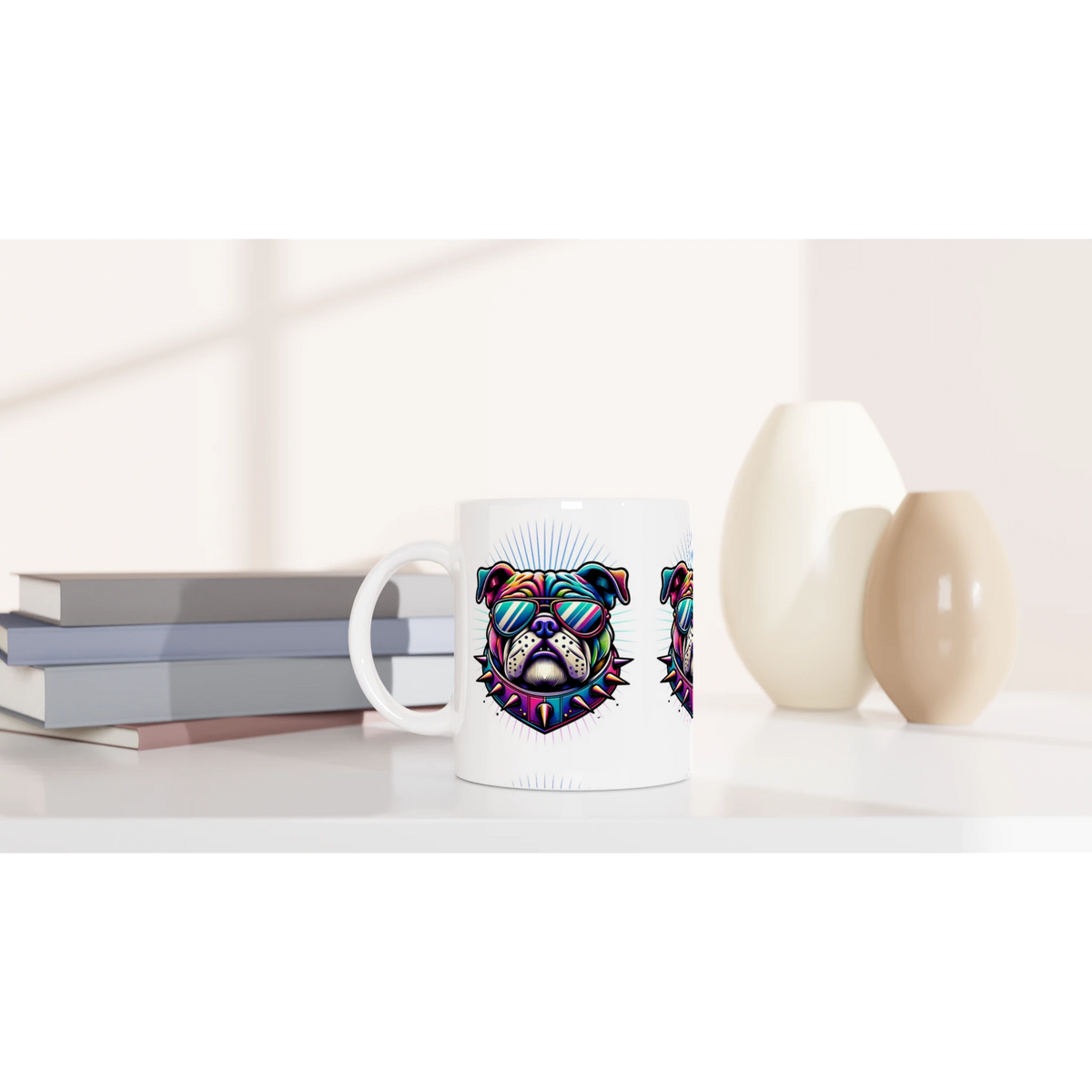 British Bulldog Mug Gift For Him: glossy white ceramic mug with vibrant bulldog wearing sunglasses on both sides.