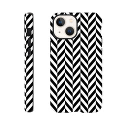 Black and white herringbone pattern tough iPhone case with geometric chevron design, dual-layer shock absorption, and glossy finish for iPhone 13-16.