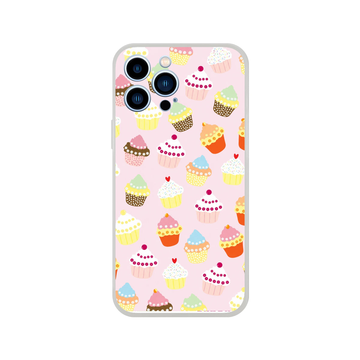 Pastel pink iPhone 13-16 case with cute cupcake pattern and gray border, matte finish