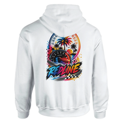 White Redline car hoodie back view featuring a colorful tachometer, palm tree sunset, and checkered flag streetwear graphic.