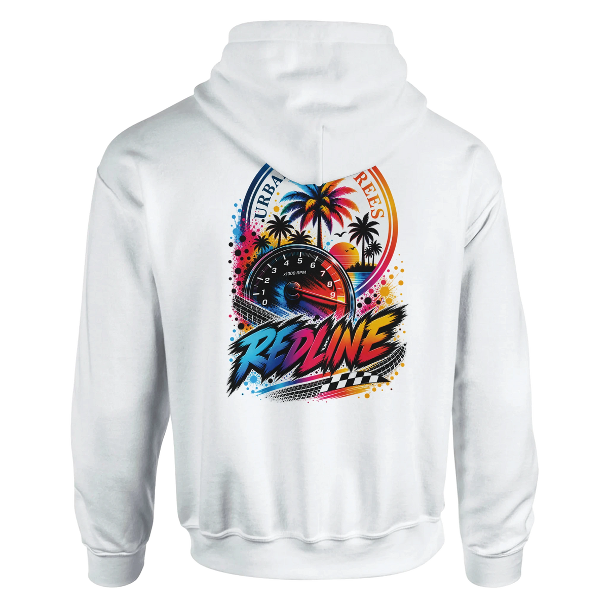 White Redline car hoodie back view featuring a colorful tachometer, palm tree sunset, and checkered flag streetwear graphic.