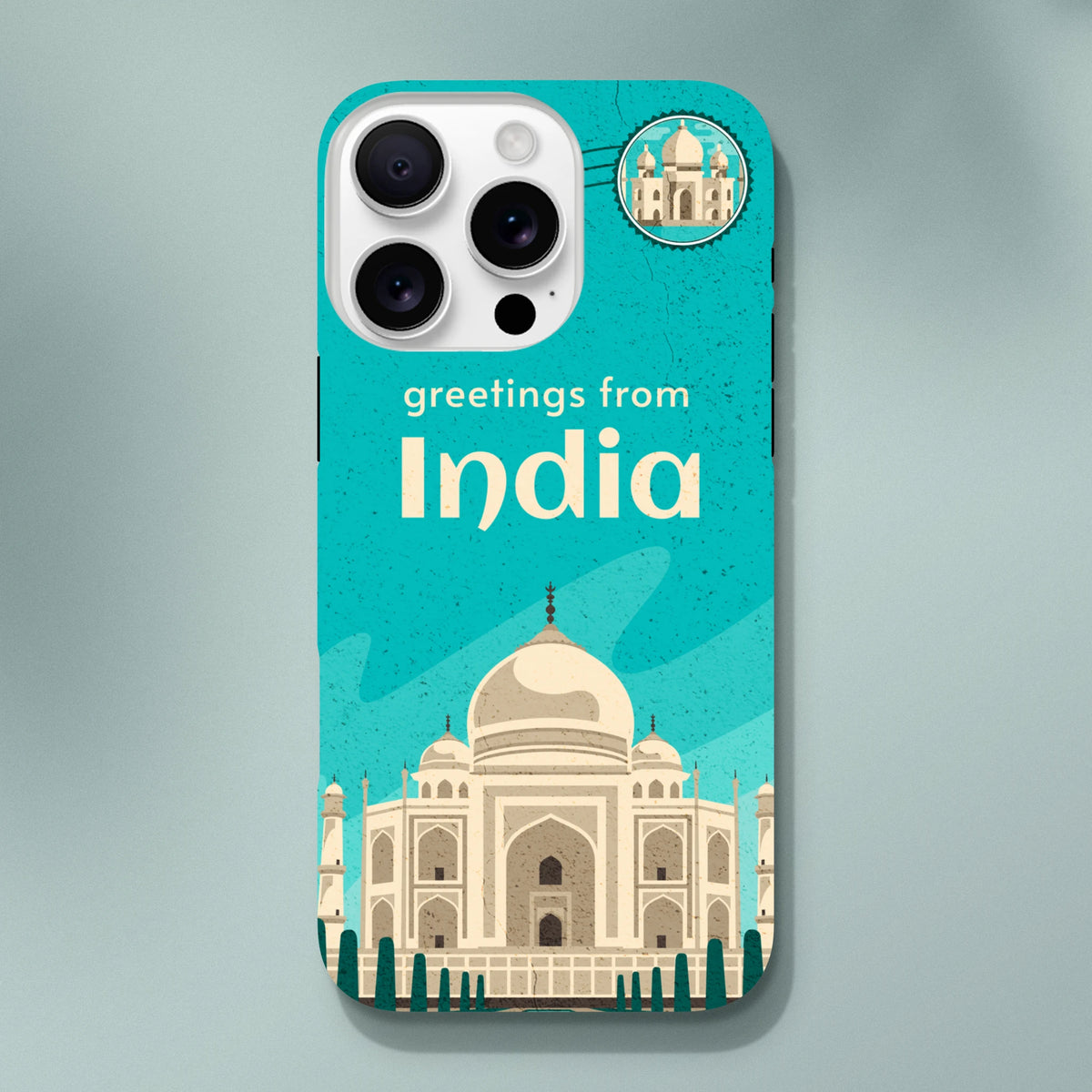 Teal vintage postcard iPhone case featuring Taj Mahal illustration and greetings from India text.